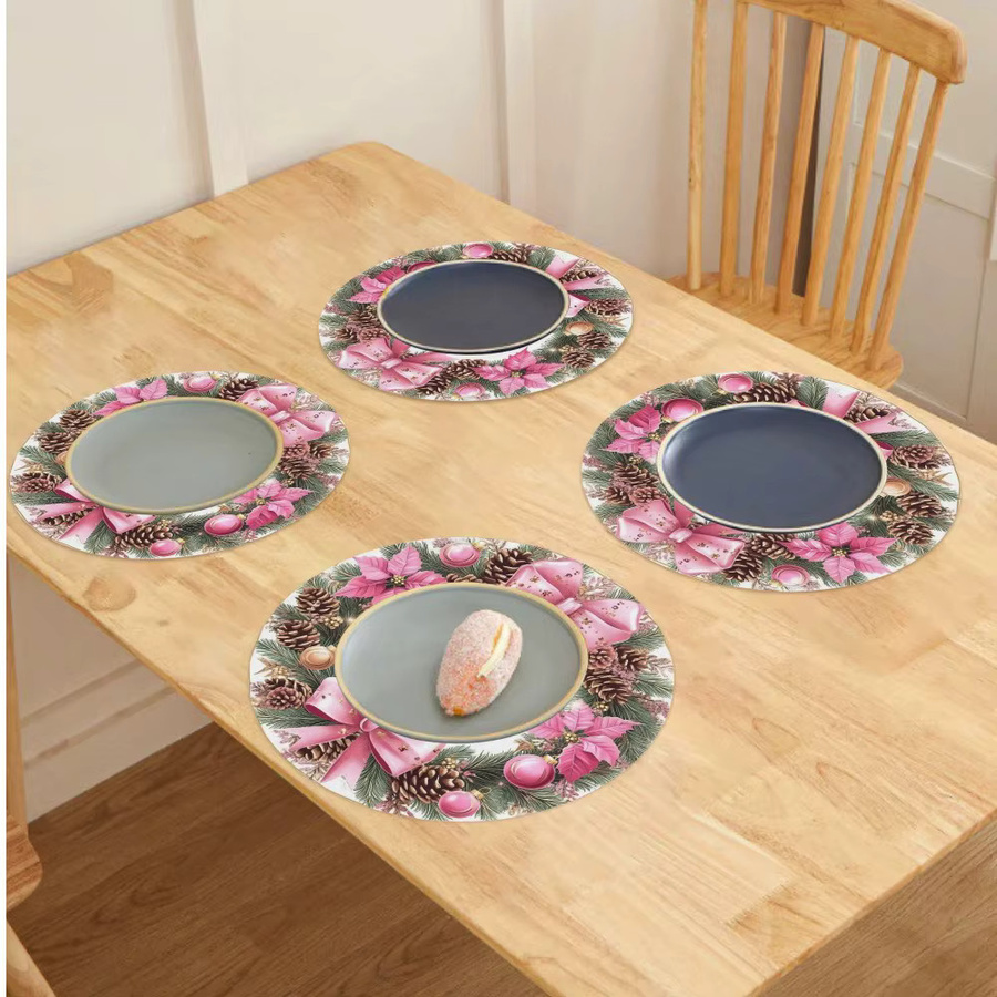 VIKAMA Weihnachts-Tischset mit Blumenkranz und roten Tannenzapfen, waschbar und hitzebeständig, rund, mehrfarbig - Bild 3