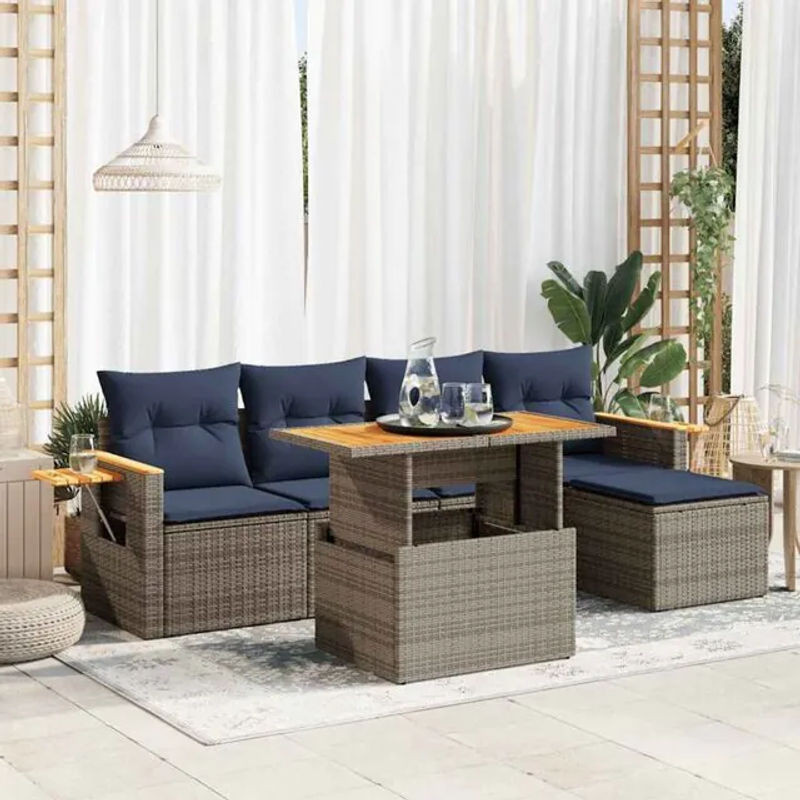 6-teilige moderne Garten-Sofagarnitur aus Poly-Rattan und Akazie mit Kissen in Grau von vidaxl - Bild 1