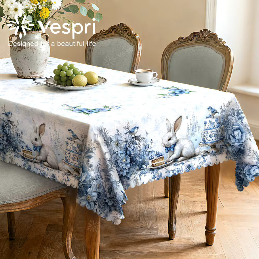 Vespri Oster-Tischdecke Blau-Weiß mit Hasen-, Vogel- und Blumendruck aus Polyester für Party und Restaurant - Bild 3