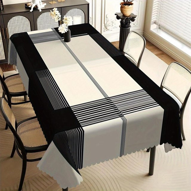 Rechteckige Tischdecke von Fancy Style Studio mit geometrischem Floral-Muster und Muschelrand in Schwarz-Weiß, Polyester, B/T: 140 x 140 cm - Bild 1