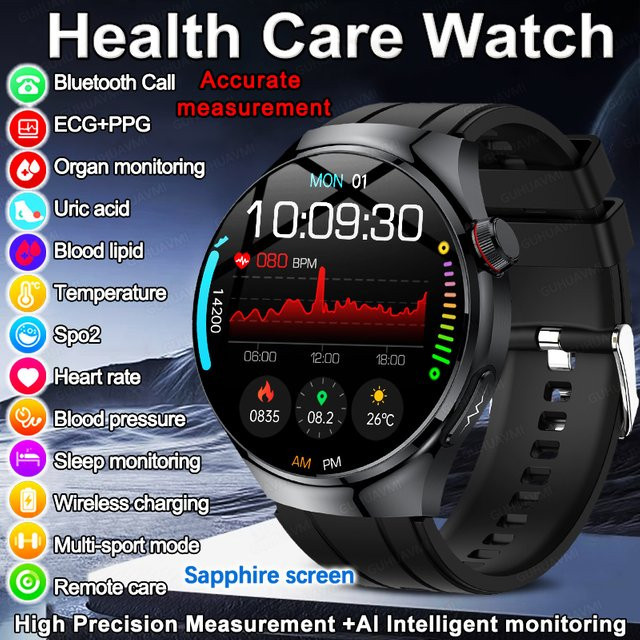 GUHUAVMI Smart Watch für Herren mit AI Harnsäure Diagnose, EKG, PPG Blutfett und Blutdruck Messung, Bluetooth Anruf Funktion, Farbe: Silber/Schwarz - Bild 1