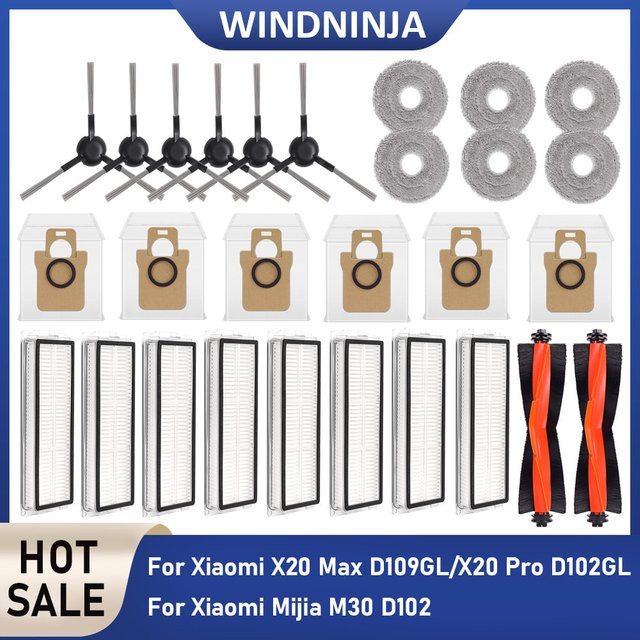 WINDNINJA Ersatzteil-Set für Xiaomi Roboter-Staubsauger X20 Pro D102GL, X20 Max D109GL, Mijia M30 D102 mit Wischtüchern, Staubbeuteln, Haupt- und Seitenbürsten sowie HEPA-Filtern - Bild 1
