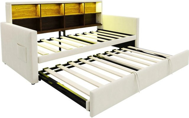 Merax Schlafsofa aus Samt in Beige mit LED-Beleuchtung, USB-Ladeanschluss und Stauraum, B/T/H: 90 x 190 x 104 cm - Bild 1