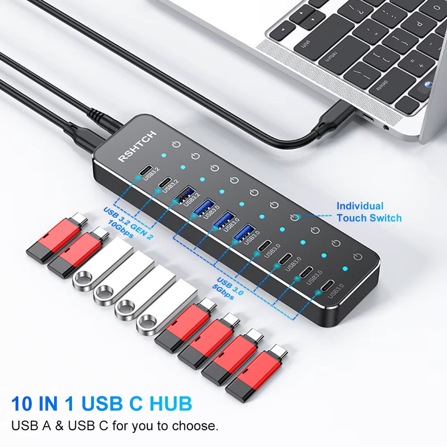 RSHTECH 10-in-1 USB-C Hub mit Touch-Schaltern, 10 Gbit/s Multiport-Dockingstation für MacBook, Laptop und PC, Grau - Bild 2