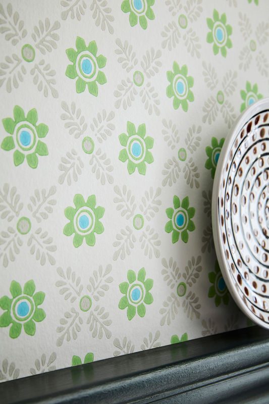 Little Greene Tapete Ditsy Block Phthalo in Blau und Grün mit floralem Vintage-Botanical-Muster aus Vlies - Bild 3
