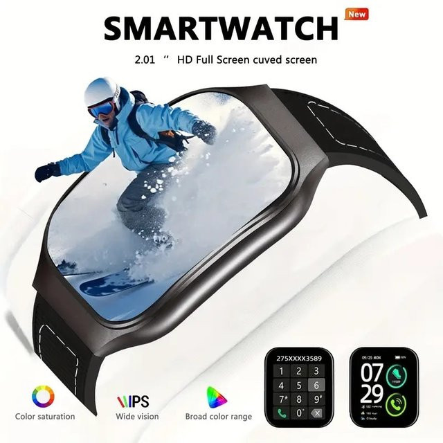 LAXASFIT Smartwatch mit gebogenem 2,01 Zoll Touchscreen, Bluetooth-Anruf, kabellosem Laden, Herzfrequenzmessung und Sprachassistent in Schwarz oder Blau - Bild 1