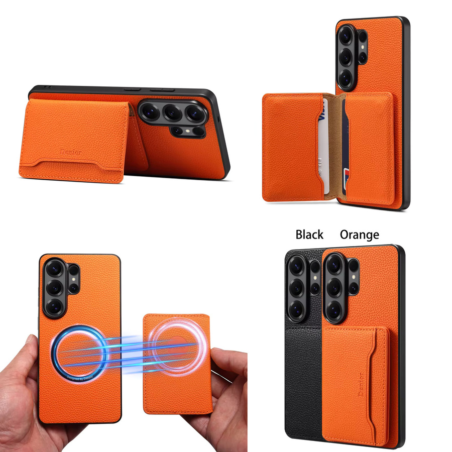 Denior Magnetische Leder Handyhülle mit Litschi-Muster und Kartentasche für Samsung Galaxy S26, S25 und S24, kompatibel mit kabellosem Laden, Schwarz und Orange - Bild 5