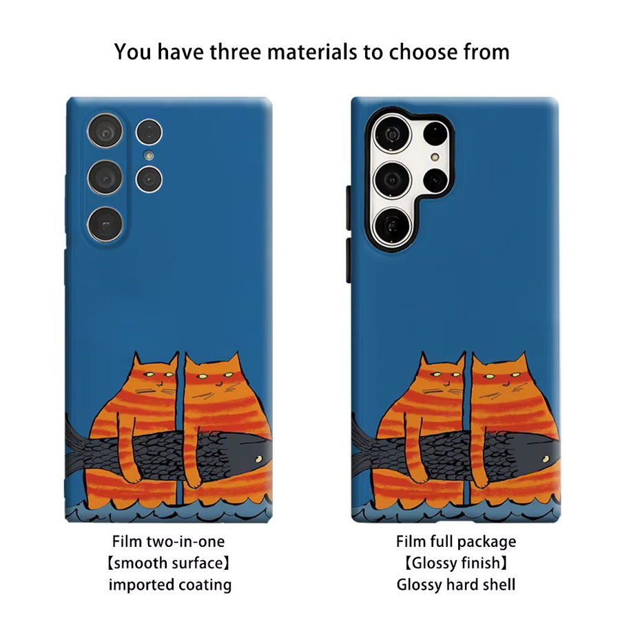 Aurbe Handyhülle für Samsung Galaxy S26 S25 S24 S23 Ultra Plus mit Twin Tabby Cats & Fish Design in Blau - Bild 2