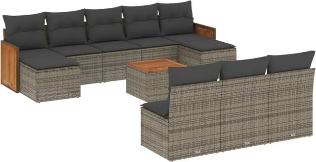 vidaXL 11-teilige Garten-Sofagarnitur aus Poly-Rattan und Akazienholz in Grau mit Kissen - Bild 1