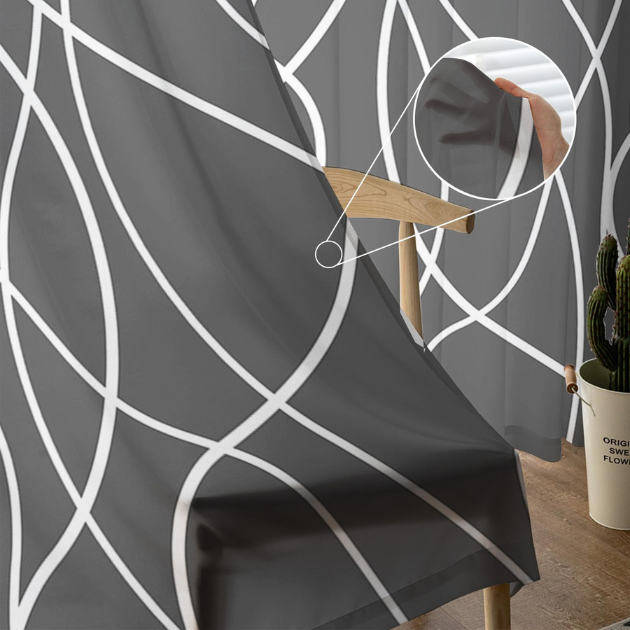 Moderne Kunst Vorhänge mit verdrehten Linien in Grau Transparent, Tüll Voile Organza für Wohnzimmer und Küche, Breite: 135 cm, Höhe: 115 cm - Bild 2