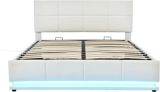 Merax Polsterbett mit LED-Unterbettbeleuchtung und Stauraum durch Hydraulikfunktion, Weiß - Bild 1
