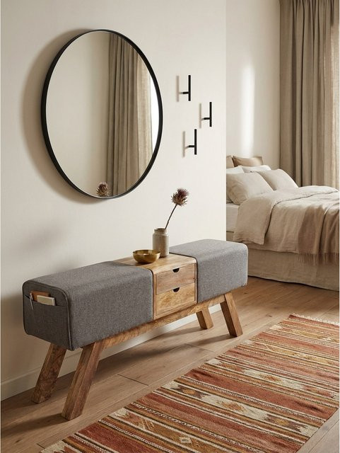 Sitzbank KADIMA DESIGN aus Massivholz und Stoff in Grau im Retro-Style, B/T/H: 120 x 56 x 30 cm - Bild 1