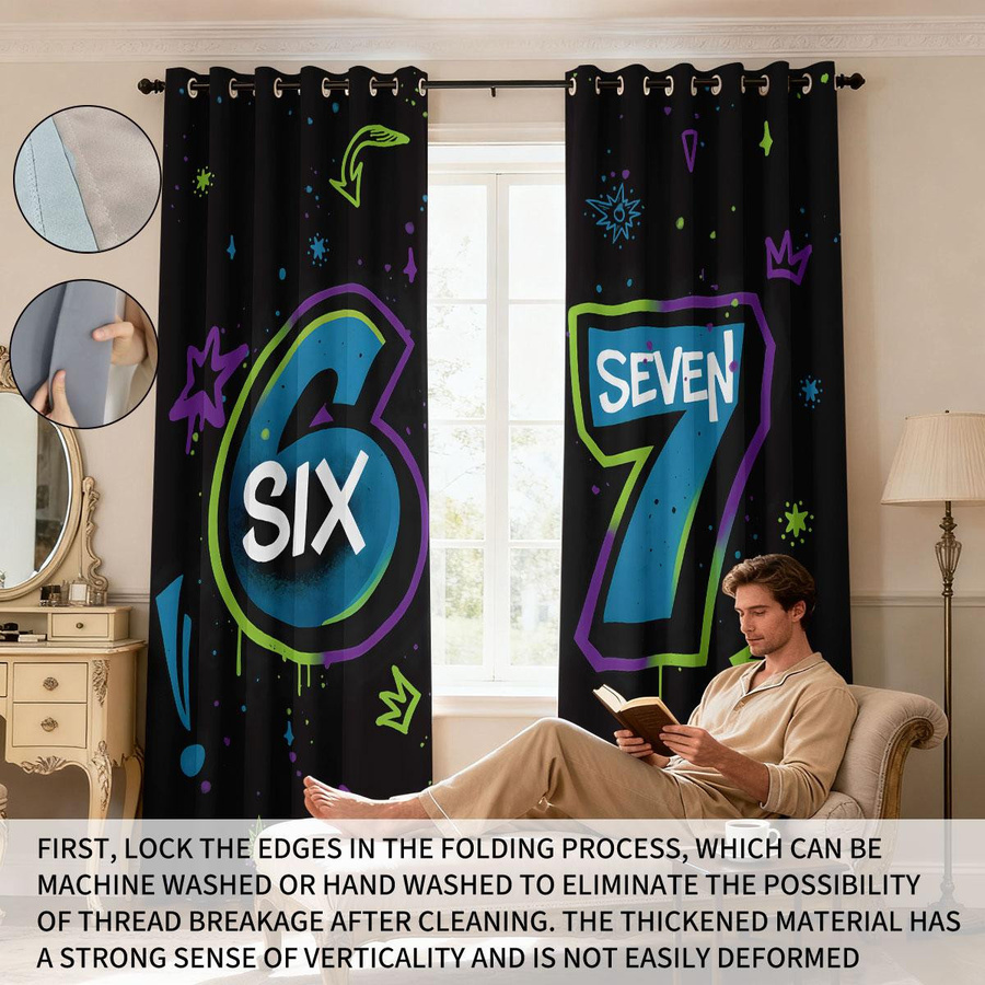 Tonnika Chen Set aus 2 blauen Verdunkelungsvorhängen mit Sechs-Sieben-Elementen-Druck aus Polyester, B: 100 cm, H: 70 cm - Bild 2