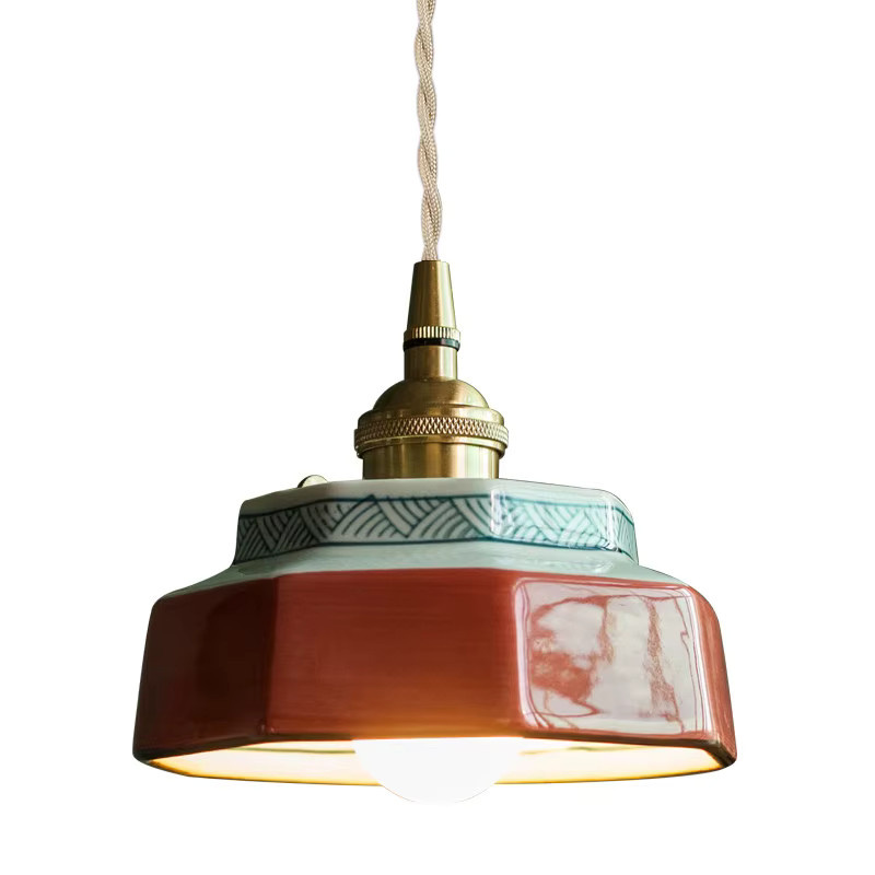 Retro Keramik Pendelleuchte im japanischen Stil in Gold/Messing - Bild 3