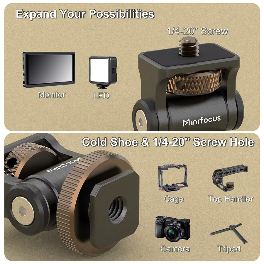 Minifocus Field Monitor Mount Halterung in Schwarz mit neigbarer Kaltschuhhalterung für 5 Zoll und 7 Zoll Monitore sowie Kamera-Blitzschuh-Lichthalterung - Bild 2