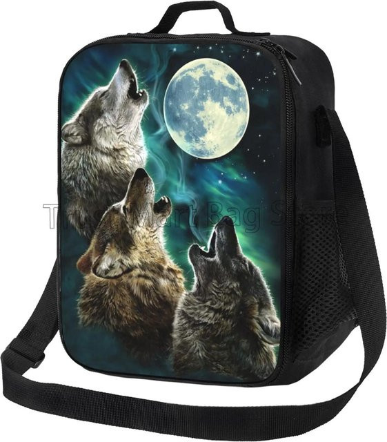 Isolierte Lunchtasche Drei Wölfe heulen den Mond an, wasserdichte und thermische Bento-Tragetasche mit verstellbarem Schultergurt, Schwarz, B/T/H: 26,5 x 20 x 11,5 cm - Bild 1