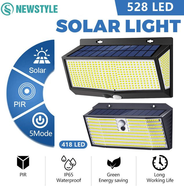 Solarbetriebene LED-Flutlichter mit Bewegungsmelder und 5 Modi, wasserdichte Außenleuchten für Garten, Wand und Hof, 528 LED, Weiß/Schwarz - Bild 1