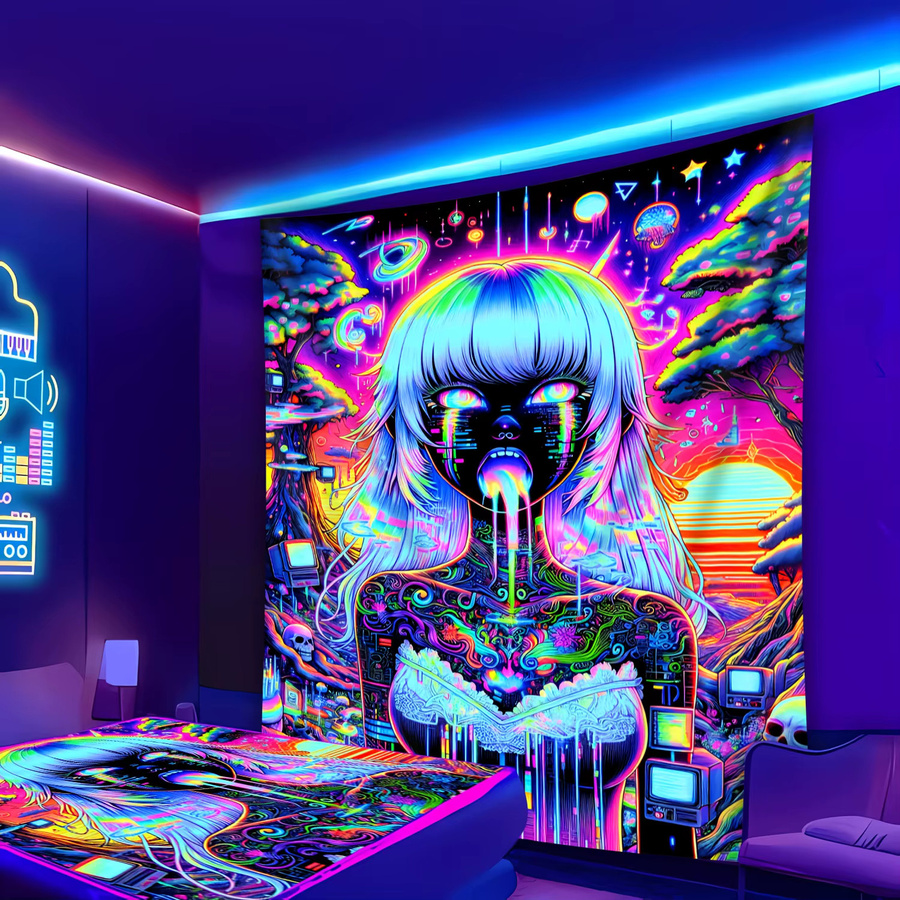 VIKAMA Cyberpunk Girl Wandteppich in Multicolour im Boho-Stil als dekorative Wandillustration für deinen Gaming-Raum oder dein Schlafzimmer - Bild 2