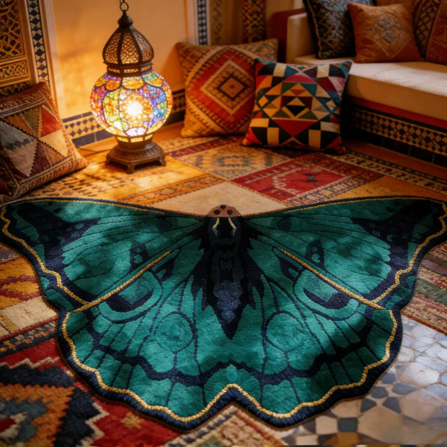 VIKAMA Vintage Teppich in Grün mit Schmetterlingsdesign, rutschfest und schmutzabweisend für Wohnzimmer, Schlafzimmer oder Balkon - Bild 4