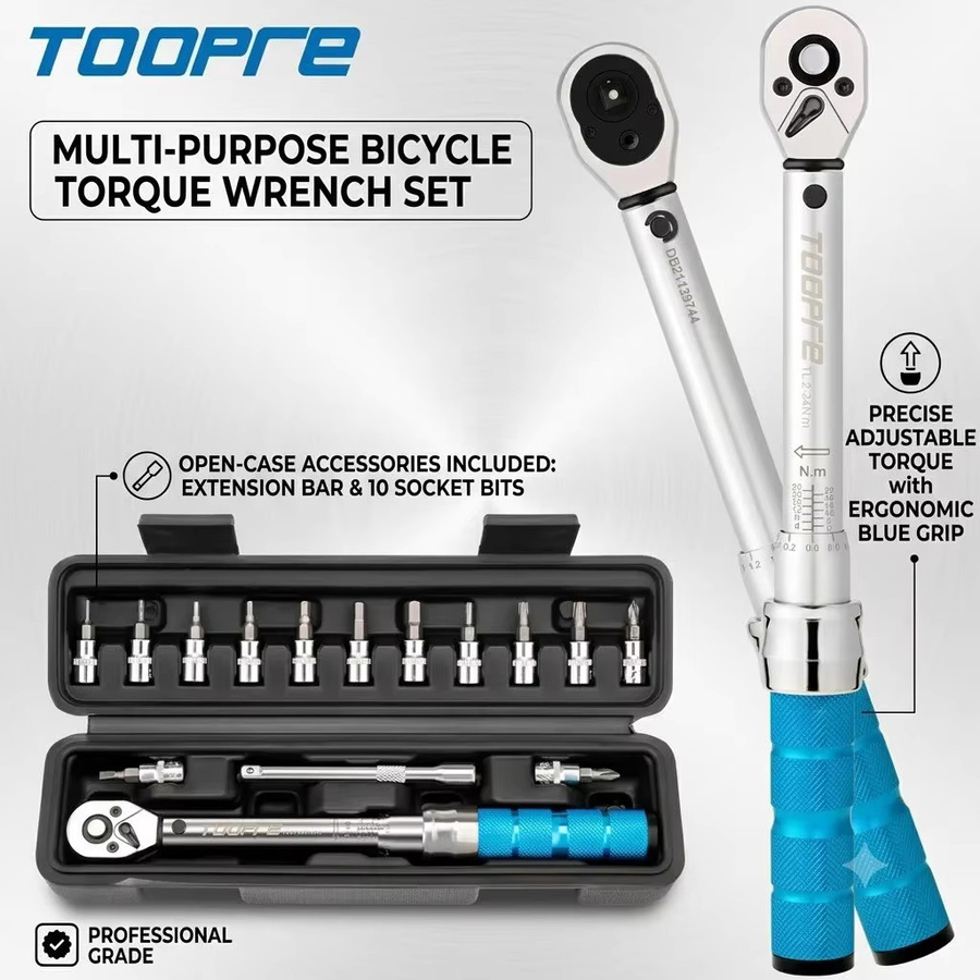 TOOPRE Fahrrad-Drehmomentschlüssel-Set 15-teilig in Silber, 1/4 Zoll, 2-24 Nm, inklusive Ratschenschlüssel, Torx- und Inbusschlüssel sowie Aufbewahrungsbox für deine Fahrrad-Wartung und Reparatur - Bild 2