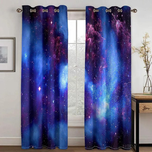Yiran Furniture Vorhänge mit Galaxie- und Sternen-Print, 2er-Set, Blau-Violett, halbtransparent, B: 60 cm x H: 60 cm - Bild 1