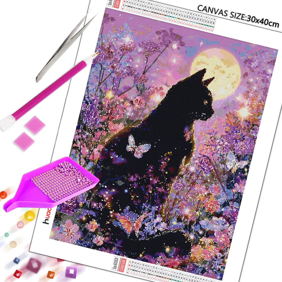 Huacan 5D DIY Diamantmalerei Katze am Mond als Diamantmosaik Tier-Landschaft Wanddekoration, Mehrfarbig, Durchmesser: 30 cm - Bild 2