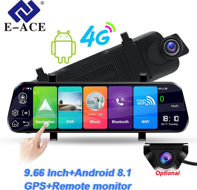 E-ACE Auto Dash Cam mit 10 Zoll Android Display, FHD 1080P Video Recorder, 4G Streaming und ADAS Funktion, Schwarz - Bild 1
