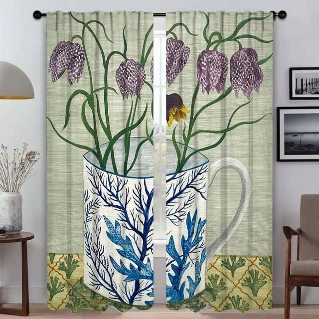 2er-Set Vintage Küchenvorhänge mit floralem Muster in Multicolour, halbtransparent, Breite: 50 cm, Höhe: 70 cm - Bild 1