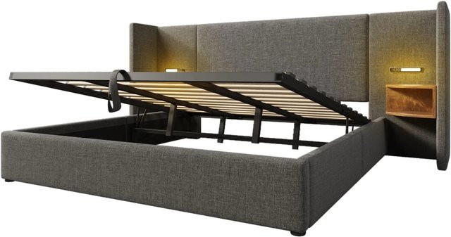 okwish Polsterbett Grau mit Nachttisch, Leselampe und USB Type-C Ladefunktion, B/T/H: 180 x 200 x 200 cm - Bild 1