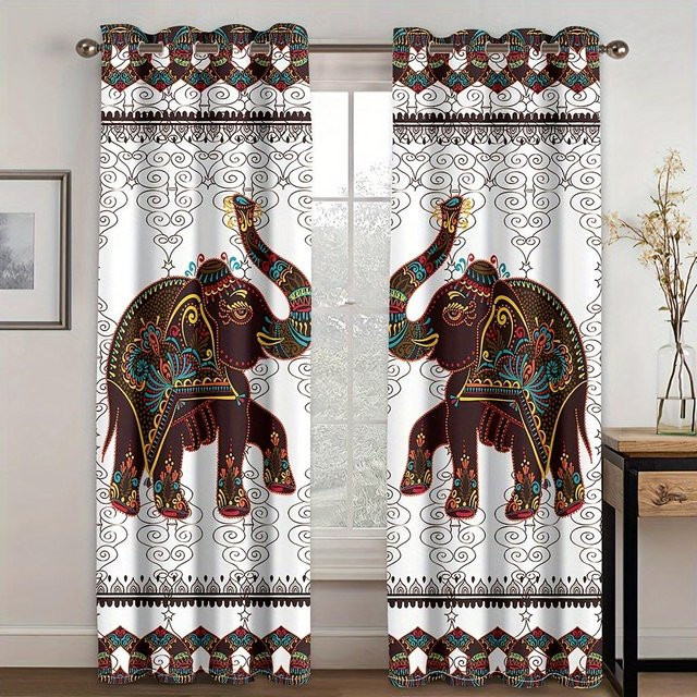 2er-Set Boho Vorhänge mit indischem Mandala- und Elefantenmuster, weiß, B: 150 cm, H: 166 cm - Bild 1