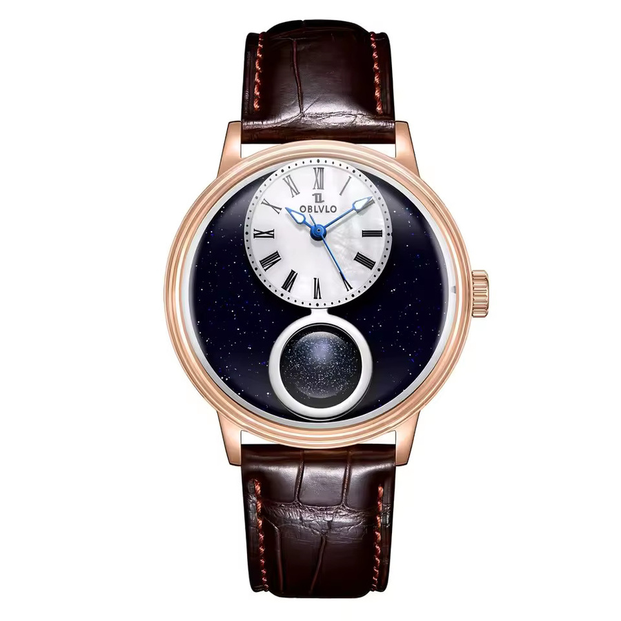 OBLVLO Armbanduhr Automatik, Edelstahl, Silber, Leder, 42 mm, Herren - Bild 5
