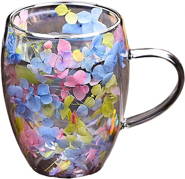 Doppelwandige Kaffeetasse aus Hochborosilikatglas von BLUELANS mit buntem Blütenblatt-Design, 350 ml - Bild 1