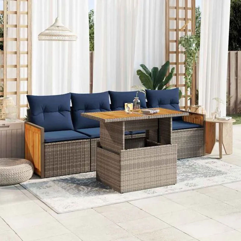 5-tlg. Garten-Sofagarnitur aus Poly-Rattan und Akazienholz mit Kissen in Grau von vidaxl - Bild 1