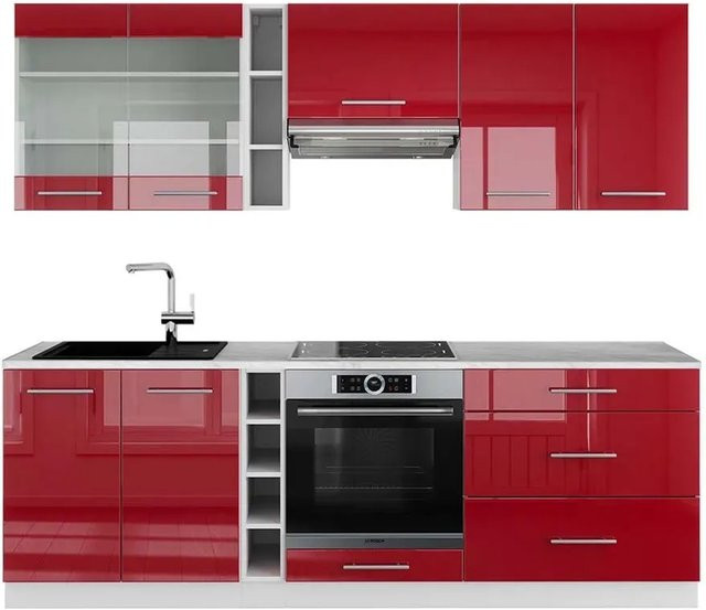 Vicco Fame-Line Küchenzeile Bordeaux Hochglanz und Weiß mit Marmor-Optik, Breite: 235 cm - Bild 1