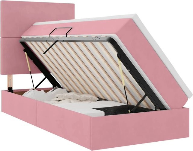 vidaXL Bett mit Stauraum und LED in Rosa aus Samt inklusive Matratze B/T/H: 90 x 200 x 128 cm - Bild 1
