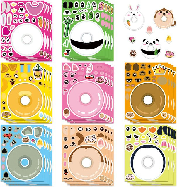 Cartoon-Donut-Tiere Gesichter-Puzzle-Aufkleber, 8 Blatt, Tiere - Bild 1