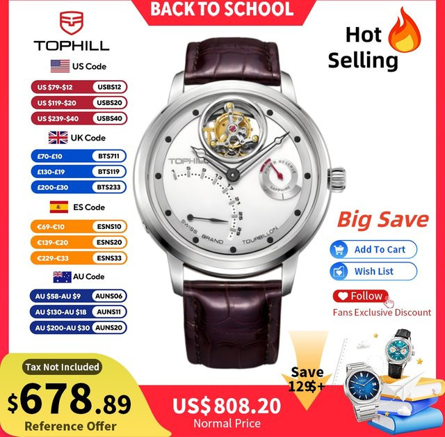 TOPHILL Tourbillon-Uhr, Automatik, Edelstahl, Saphirglas, 43,7 mm, Herren - Bild 1