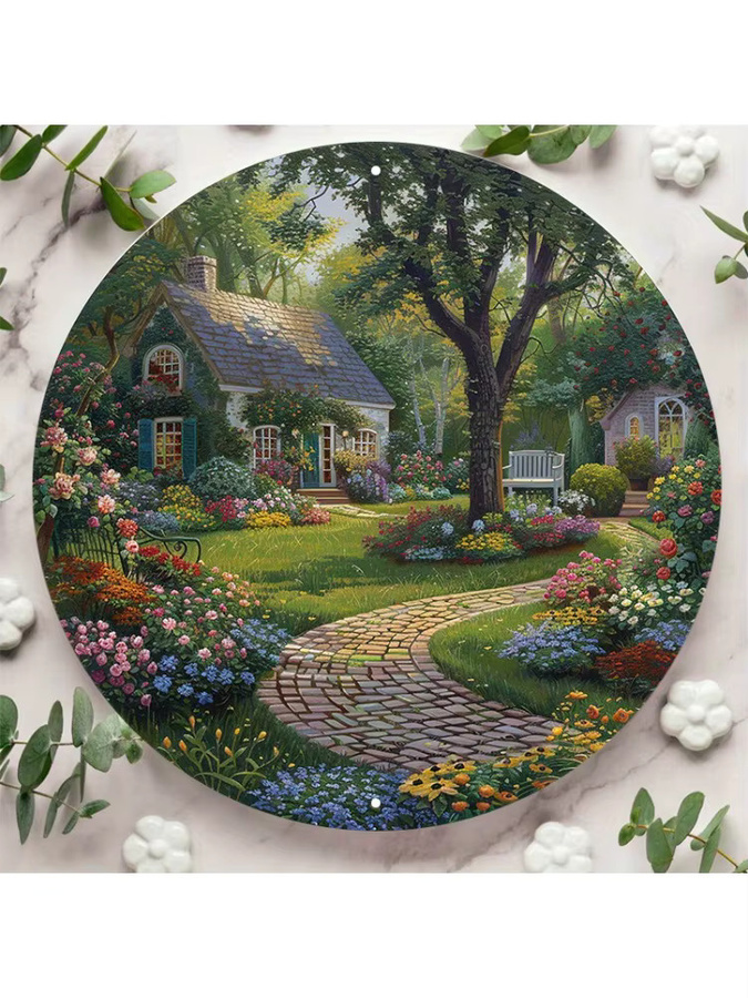 Potdemiel Aluminium-Metallschild Hüttengarten mit blühenden Blumen Wanddekoration B/H: 20 x 20 cm, Mehrfarbig - Bild 4