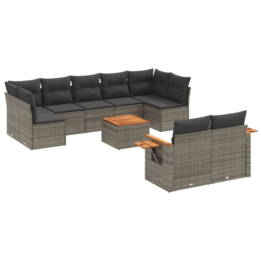 vidaXL 10-teilige Garten-Sofagarnitur aus Poly-Rattan und Akazienholz in Grau mit Kissen - Bild 2