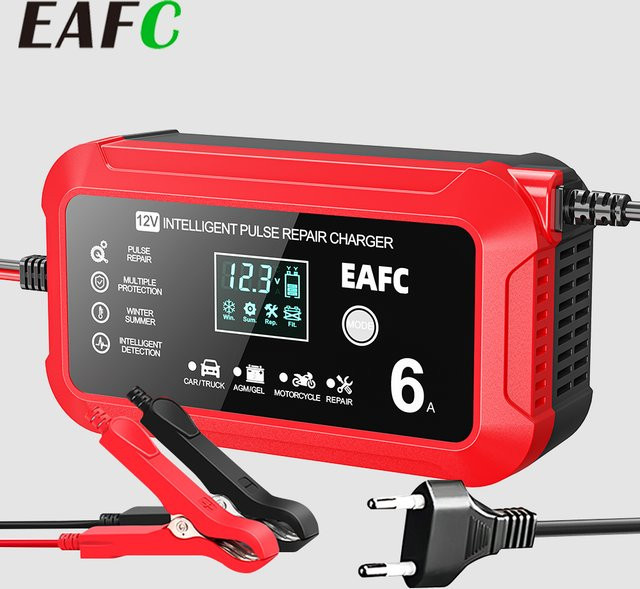 EAFC Intelligentes Impuls-Reparatur-Ladegerät 12V 6A in Rot mit LCD-Display und 6 Schutzfunktionen für Auto, Motorrad sowie AGM/GEL-Batterien - Bild 1