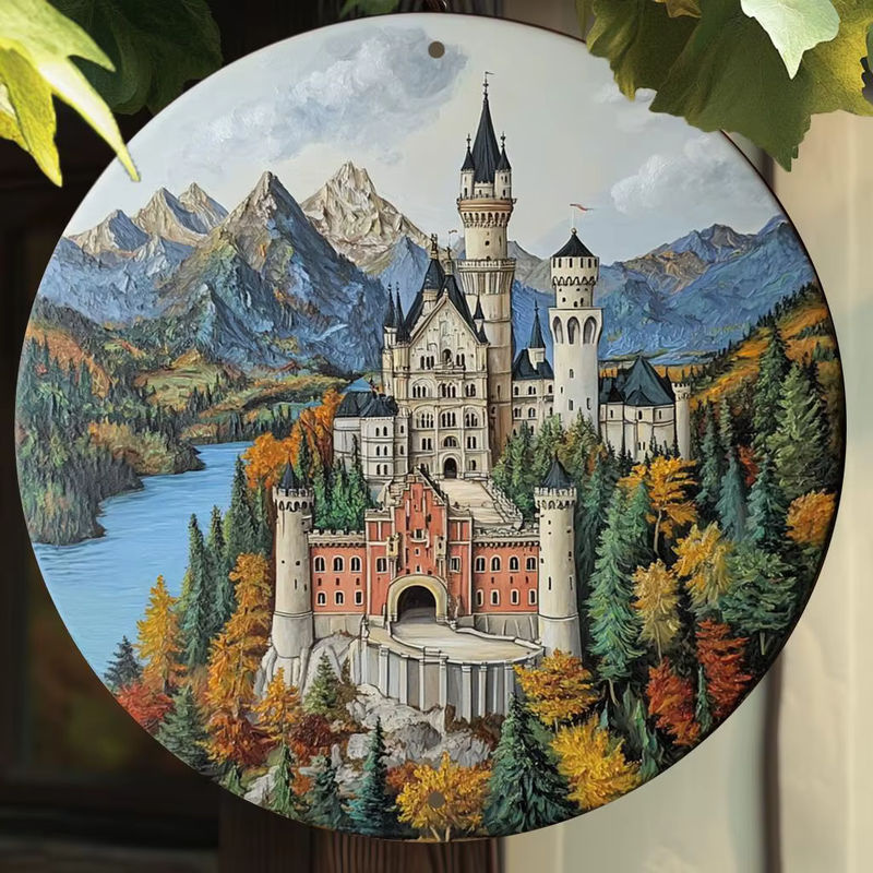 Vintage Neuschwanstein Schloss Wandkunst aus Metall, rundes Metallschild mit Landschaftsmotiv, mehrfarbig, Durchmesser: 20 cm - Bild 2