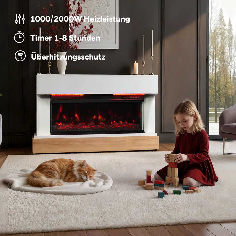 HOMAVO Elektrokamin mit Schrank in Schwarz oder Weiß, 3D-Flammeneffekt mit LED-Leiste, Heizleistung 1000/2000W, Breite: 91,44 cm - Bild 2