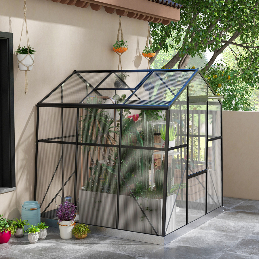 Outsunny Gewächshaus aus Aluminium mit Fenster, Schiebetür und Fundament für die Pflanzenzucht, Schwarz, H x B x T: 204 x 192 x 192 cm - Bild 2