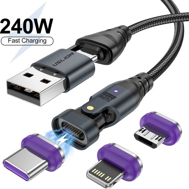 USLION Magnetisches PD3.1 240W USB-C zu Micro-USB Ladekabel für Xiaomi Samsung Huawei und iPhone 15 in Schwarz oder Grau - Bild 1