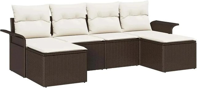 vidaXL Garten-Sofa-Set aus Poly-Rattan in Braun, 6-teiliges L-Shape Lounge-Set mit UV-beständigen Kissen und Fußhockern - Bild 1