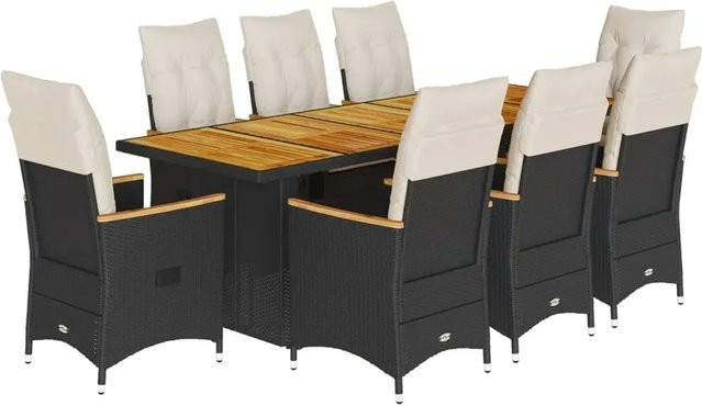 vidaXL 9-tlg Garten-Bistro-Set aus Poly-Rattan und Akazienholz in Schwarz mit Kissen - Bild 1