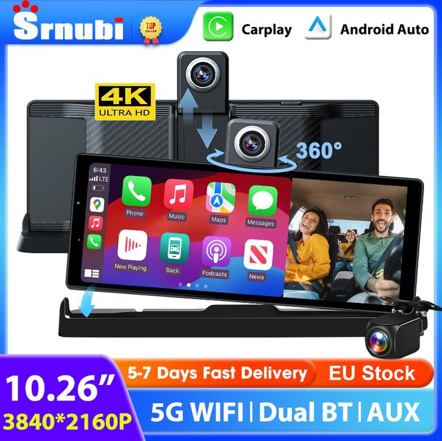 srnubi 4K Dashcam mit 360 Grad drehbarer Linse, Android Auto und Apple CarPlay, GPS Navigation, FM AUX, Schwarz - Bild 1