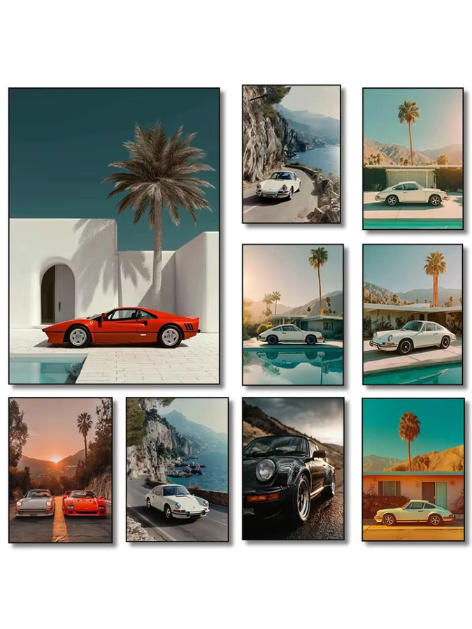 Potdemiel Leinwanddruck Retro Luxus-Sportwagen Küstenstraße Villa Palm Springs Wandkunst Mehrfarbig - Bild 3