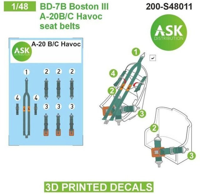 Art Scale Kit BD-7B Boston III / A-20B/C Havoc seat belts, 3D printed decals - Bild 1