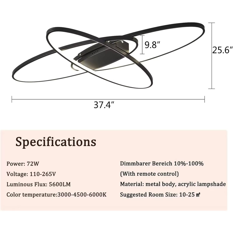 Bymaocar LED-Deckenleuchte in Schwarz, 72W, 6400LM, dimmbarer Aufputz-Kronleuchter mit Fernbedienung und 3-Farben-CCT-Funktion für Wohnzimmer und Schlafzimmer - Bild 2